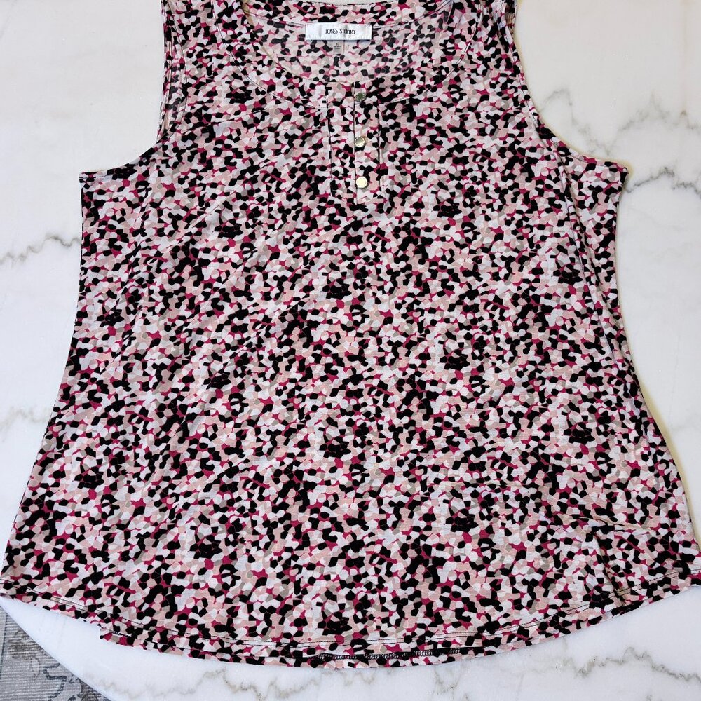 Jones Studio Sleeveless Split Neck Shell | Pink Abstract Print Blouse Size XL